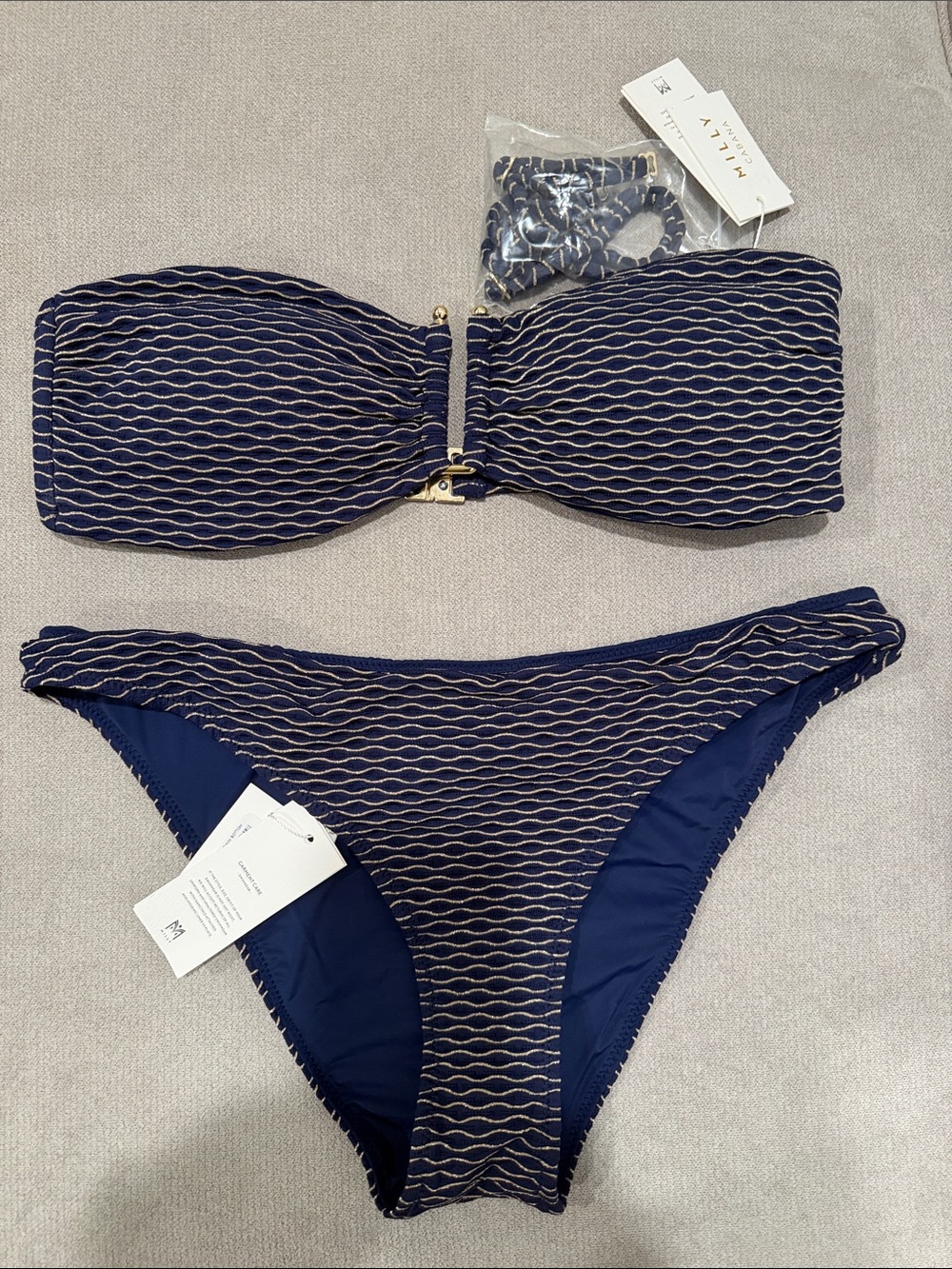 NWT Milly Navy and Gold Textured Bandeau Bikini set